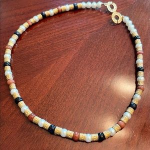 Misaki designer necklace, red, black, gold and pearls